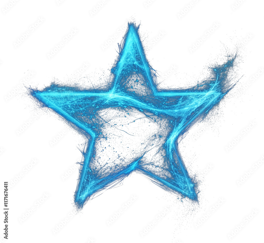 Poster electric blue star with neon like brush effects, glowing and isolated on transparency background, cr
