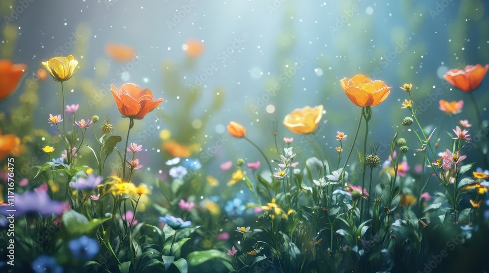 Poster beautiful natural background with spring and lazy flowers on a blurred background with space. ultra-