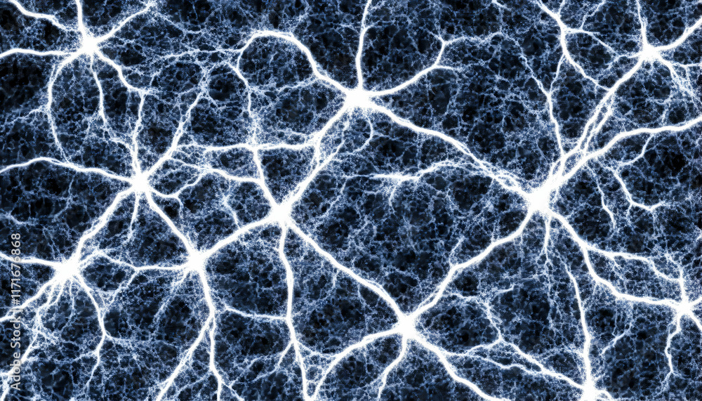 Poster abstract neural network background image; glowing white lines on dark blue, representing connections