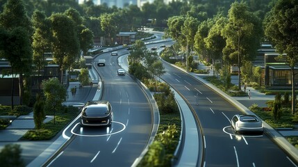 Automated vehicles navigate a landscaped roadway.