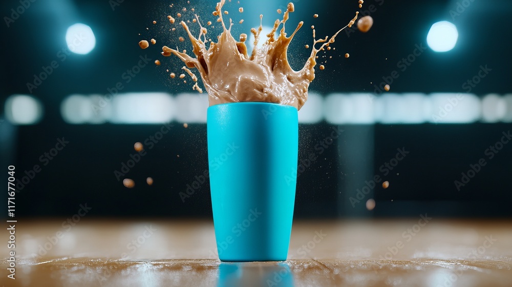 Poster chocolate milkshake splashing out of a teal cup. dynamic action shot with a dark background.
