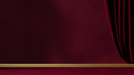 Fototapeta premium A rich burgundy backdrop with a golden base and draped curtain, ideal for presentations.