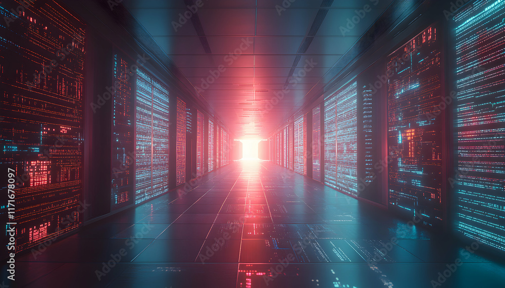 Poster futuristic server room corridor glowing with vibrant red and blue data streams; digital technology c