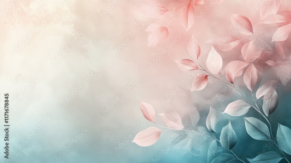 Poster this abstract floral background features delicate leaf patterns and soft pastel colors, creating a s