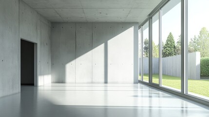 Fototapeta premium Modern empty office space with large windows and open door, featuring sleek walls, contemporary design, and natural light
