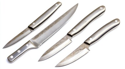 Fototapeta premium A collection of premium stainless steel kitchen knives. Each knife is designed for precision cutting with balanced handles. Perfect for cooking enthusiasts. Generative AI