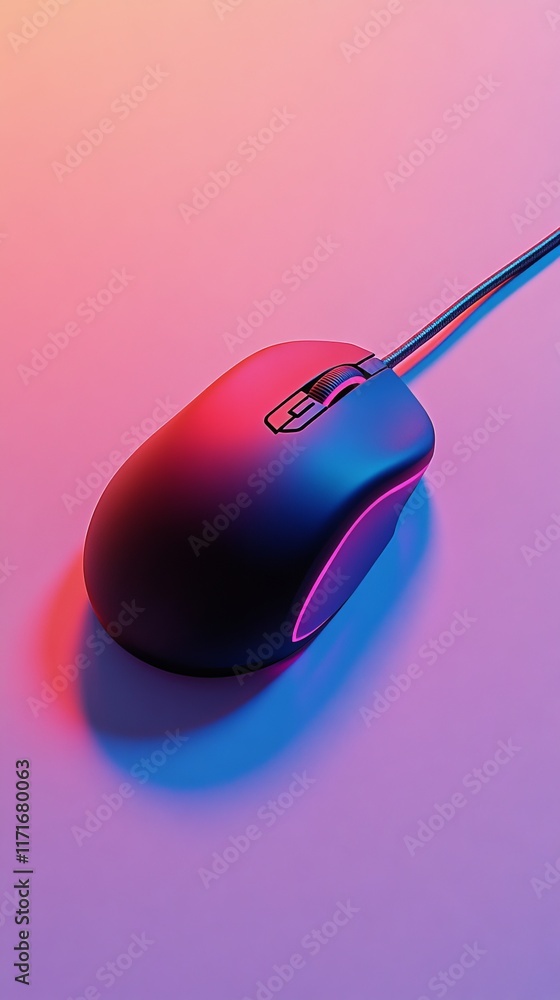 Poster a sleek computer mouse with vibrant lighting on a gradient background.