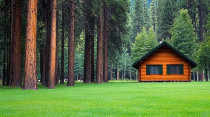 Tranquil cabin retreat amidst tall trees nature landscape serene environment forest viewpoint peaceful concept