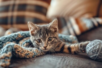 Obraz premium a small kitten playing with a ball o yawn 