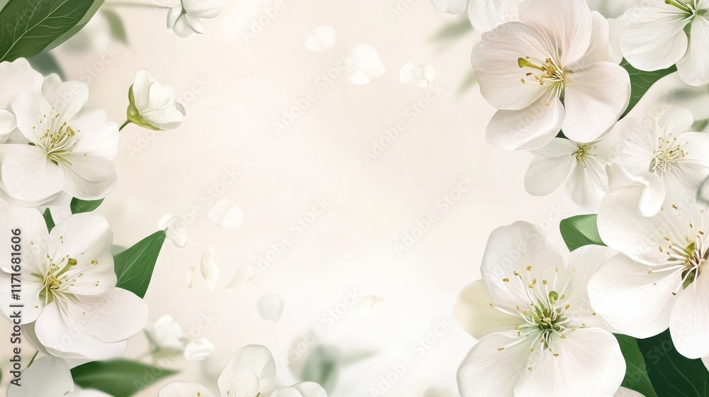 Poster spring border background with white flowers, flat lay , copy space - generative ai