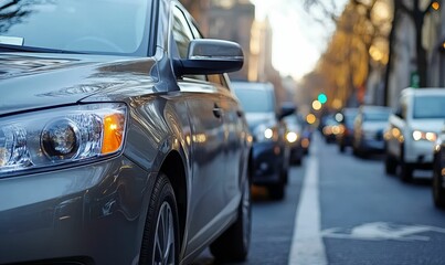 Gray car parked, city street, blurred background.