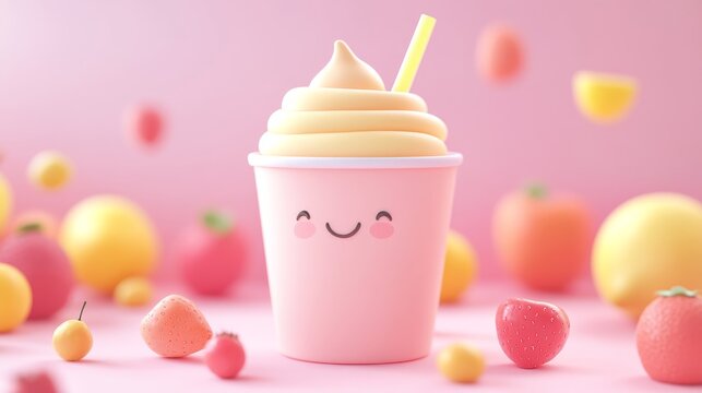 A cheerful frozen dessert in a pink cup surrounded by colorful fruits on a pastel background.