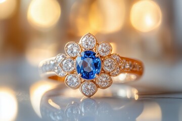 Fototapeta premium Sapphire ring with diamonds in elegant lighting