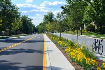 Sunny street, bike, yellow flowers, green trees.