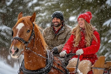 Fototapeta premium Couple enjoying a horse-drawn sleigh ride in the snow
