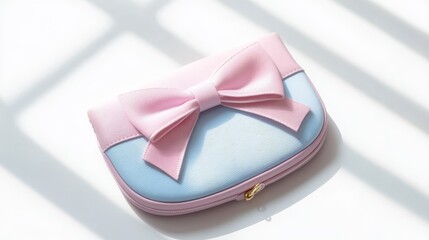 A pastel-colored pouch with a large bow, ideal for storing small items or cosmetics.