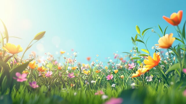 Beautiful spring meadow with grass and flowers in sunlight background banner, spring themed designs, nature projects, backgrounds, greeting cards, and floralthemed marketing materials.