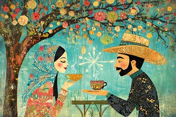 Couple sharing tea, garden, whimsical art.
