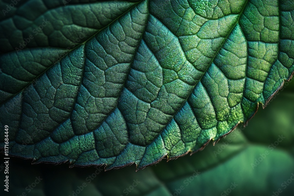 Poster Close-up of a deep green leaf's intricate vein texture and serrated edge, showing natural detail and color variations.