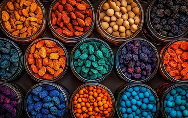 Colorful dried fruits and nuts in glass jars.