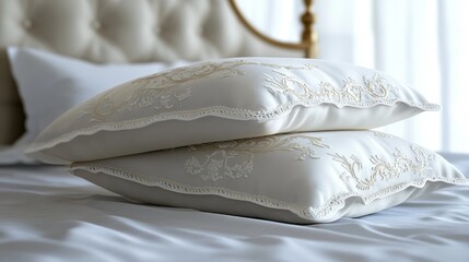 Two elegant decorative pillows on a neatly made bed, enhancing the room's aesthetic.