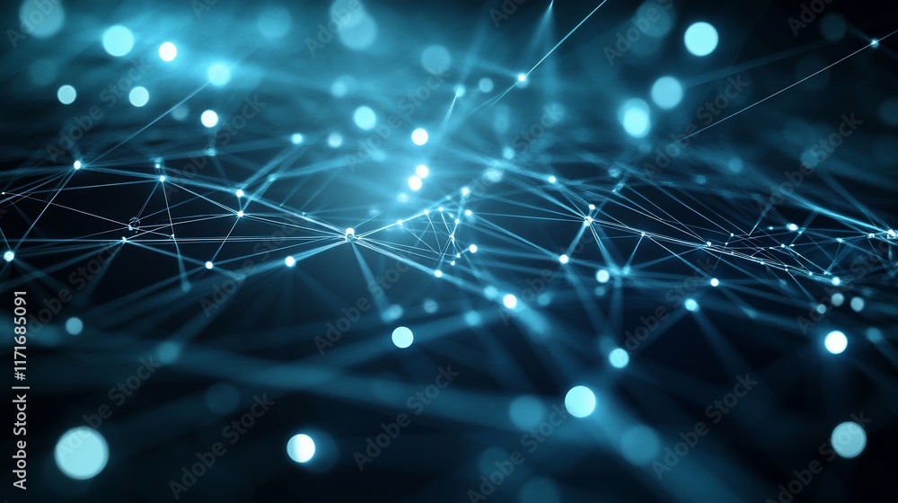 Poster Abstract digital network connection. Glowing nodes and lines on dark background.