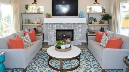 Modern living room with fireplace, sofas, and patterned rug.