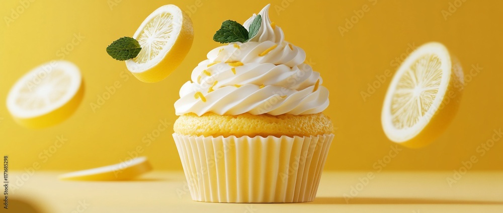 Poster lemon cupcake with frosting and lemon slices falling around it on a yellow background.