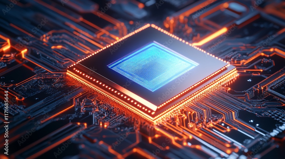 Aufkleber close-up of a central processing unit (cpu) on a circuit board, glowing with orange and blue light.