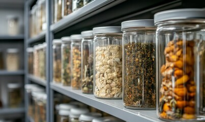 Glass jars filled with dried botanicals on shelves.