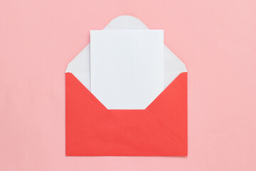 Red envelope with valentine love letter on pink background, valentine's day letter, letter envelope mockup.