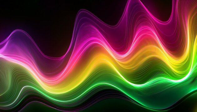Vibrant rainbow waves flow across a dark background, creating a dynamic and energetic abstract design.