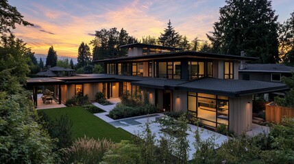 Modern house, sunset, landscaped yard, illuminated interior.