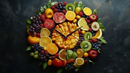 Clock made of fruits and vegetables containing vitamins showing time of 23 hours 55 minutes, concept of new years resolutions of healthy nutrition