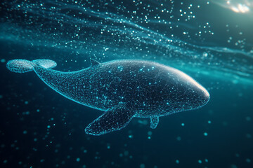 Glowing wireframe a majestic whale swimming in the ocean on a transparent background, highlighted by a combination of blue and black data points


