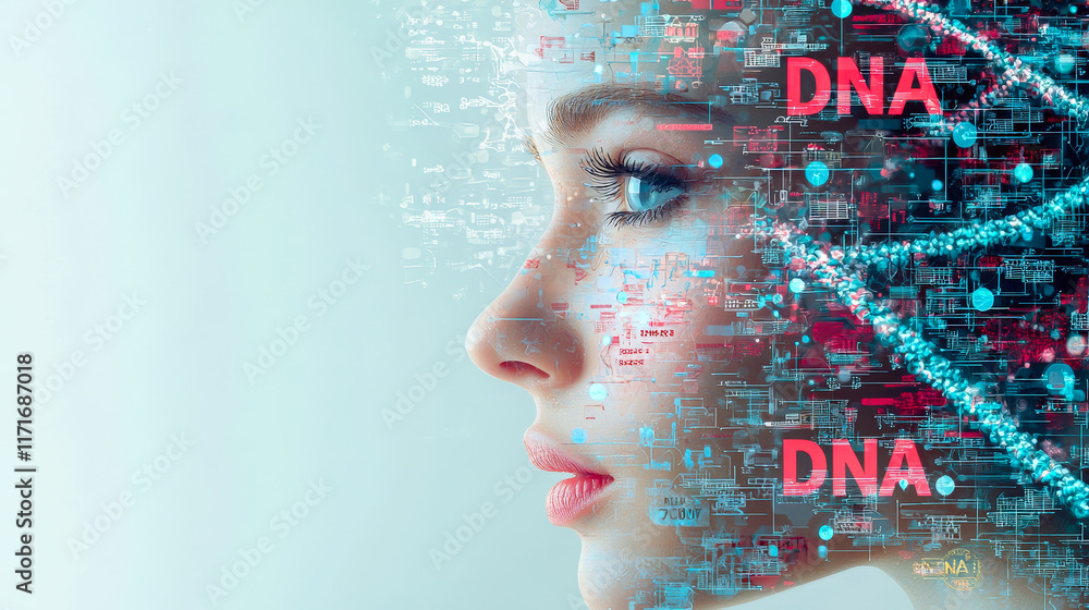 Poster Digital representation of DNA integration in a woman's profile showcasing genetic data and analysis