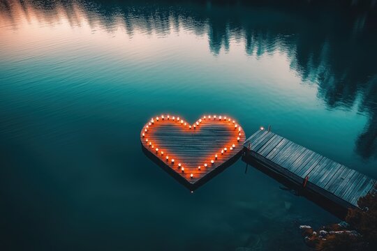 Heart-Shaped Candle Arrangement on Lake