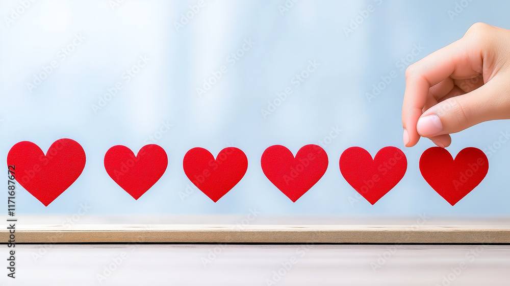 Poster hand placing red paper hearts in a row on a wooden surface with a soft blue background