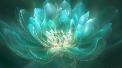 A luminous, abstract flower with soft, flowing petals in shades of teal and white.