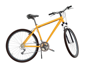Orange bicycle standing while leaning on kickstand, side view. Bike resting on kick stand. Png clipart isolated on transparent background