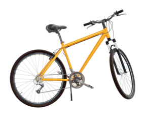 Orange bicycle standing while leaning on kickstand, side view. Bike resting on kick stand. Png clipart isolated on transparent background