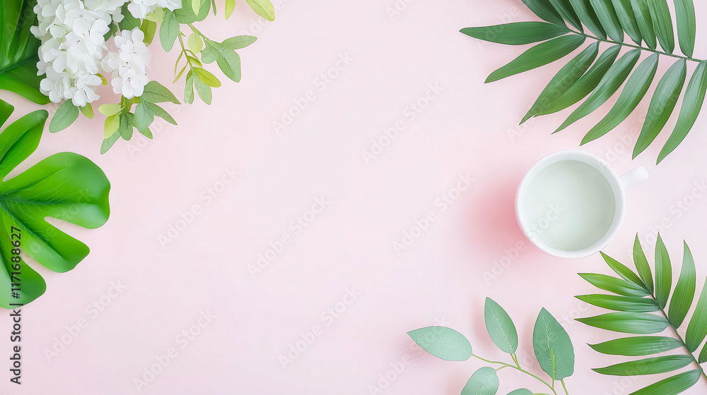 Poster decorative arrangement of green leaves and a white cup on a soft pink background creating a serene a