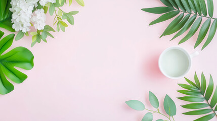 Decorative arrangement of green leaves and a white cup on a soft pink background creating a serene atmosphere