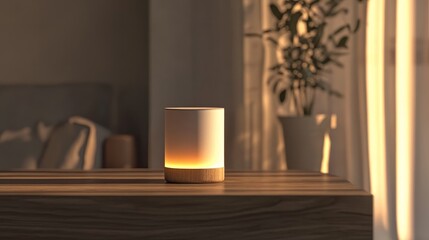 A modern lamp emits a warm glow on a wooden table in a cozy indoor setting.