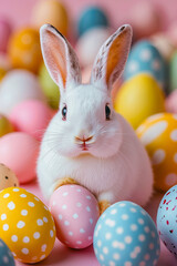Obraz premium A white rabbit sitting in a pile of colorful easter eggs