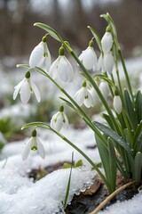 White snowdrops coming out of the snow-covered ground