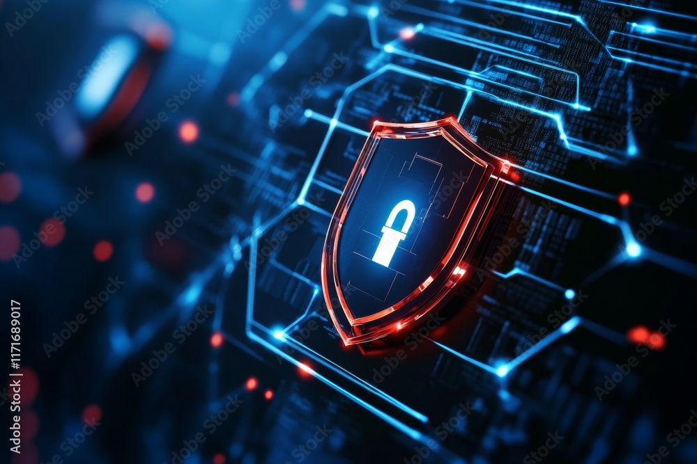 Poster blue and red shield with a key on it