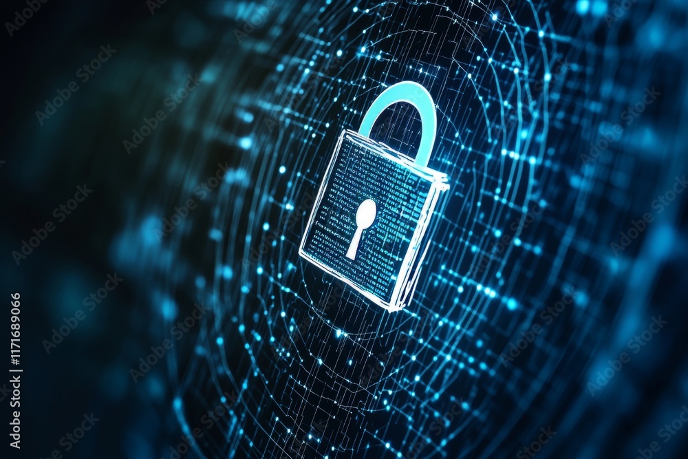 Poster blue and white image of a lock with a key