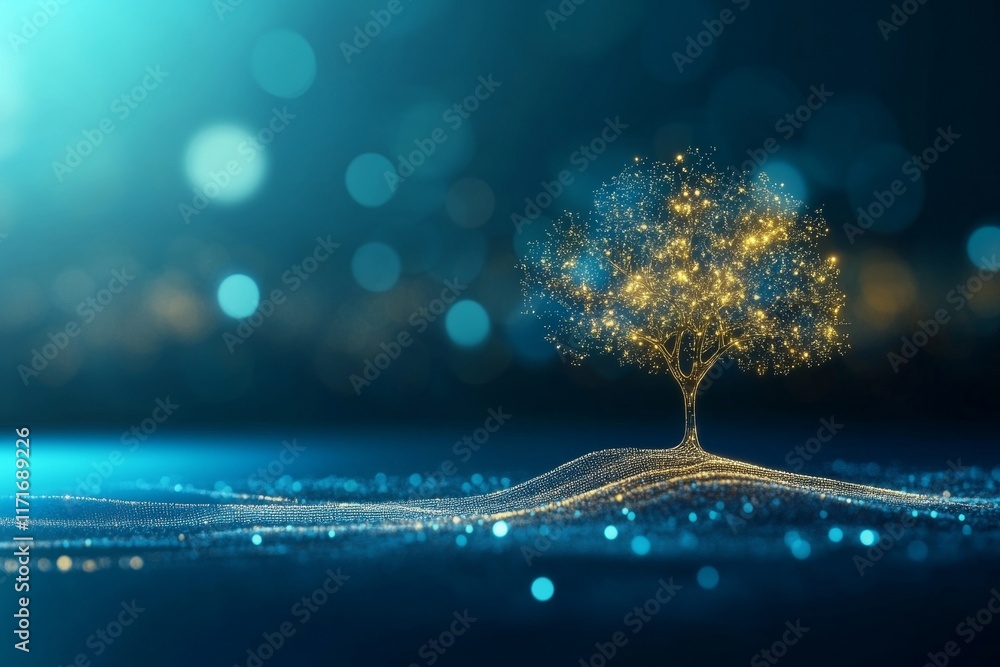 Poster tree is lit up in a blue background with a lot of sparkles