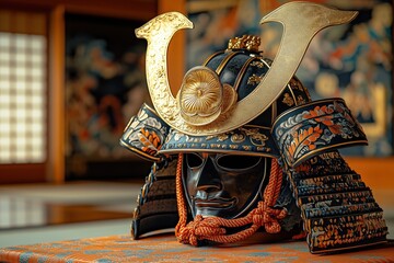 Ornate samurai kabuto displayed in a traditional setting
